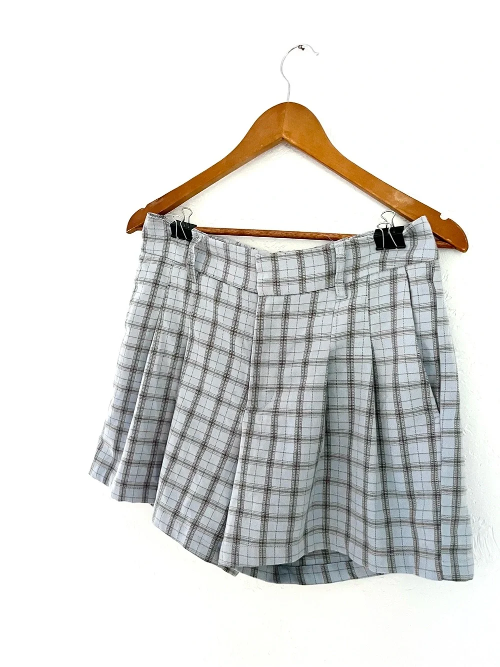 UO Light Blue Plaid High-Waist Shorts